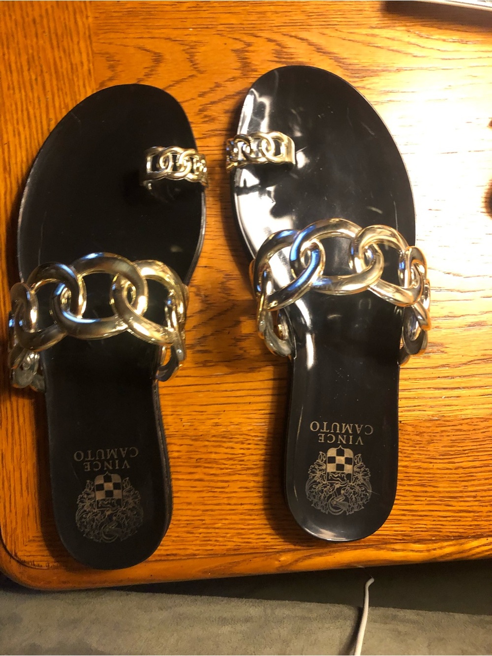 Vince Camuto Black Patent Slide Sandals with Chunky Gold Chain